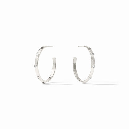 A side-by-side view of the Crescent Stone Silver Hoop in Medium, Large, and Extra Large sizes.
