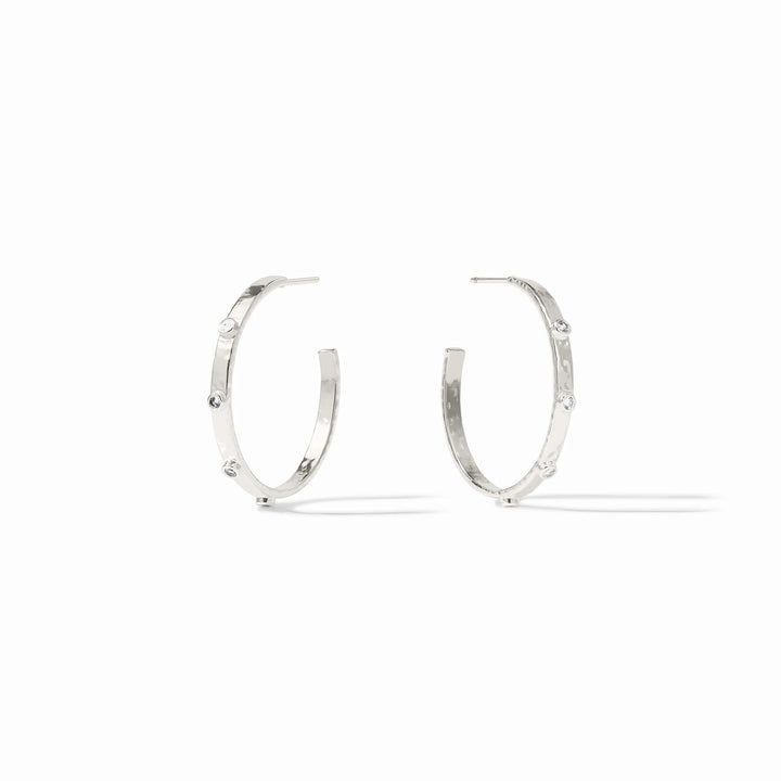 A side-by-side view of the Crescent Stone Silver Hoop in Medium, Large, and Extra Large sizes.