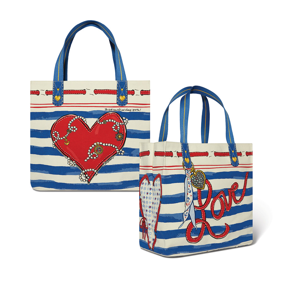 Brighton Striped Love Tote highlighting its nautically-inspired stripe pattern, roomy canvas silhouette, and sturdy top carry handles.
