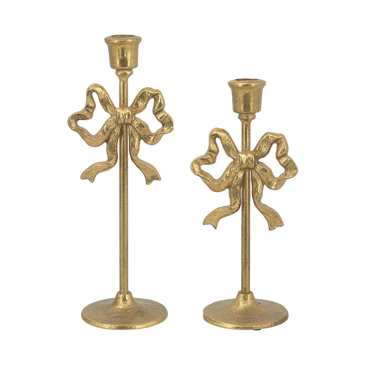 Gold Cast Iron Candle Holder with Playful Bow, Set of 2
