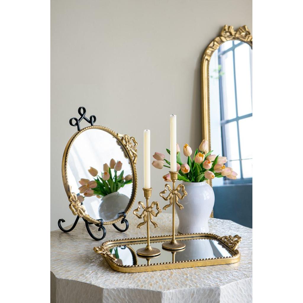 Gold Cast Iron Candle Holder with Playful Bow, Set of 2