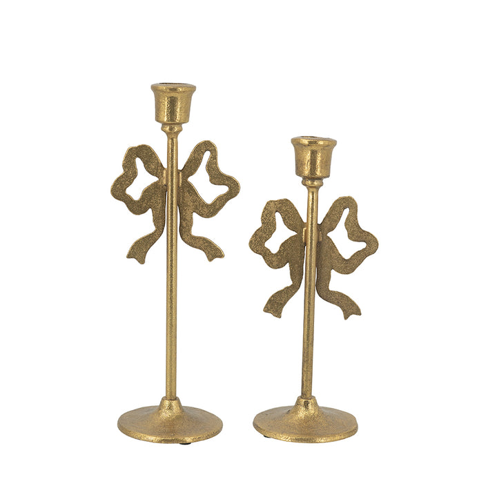 Gold Cast Iron Candle Holder with Playful Bow, Set of 2