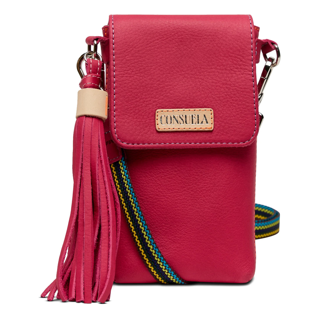 Consuela Maren Dash Crossbody in hot pink leather with an oversized tassel and natural leather trim.