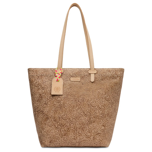 Consuela Lawton Daily Tote in floral tooled leather with natural leather handles and a signature logo tag.
