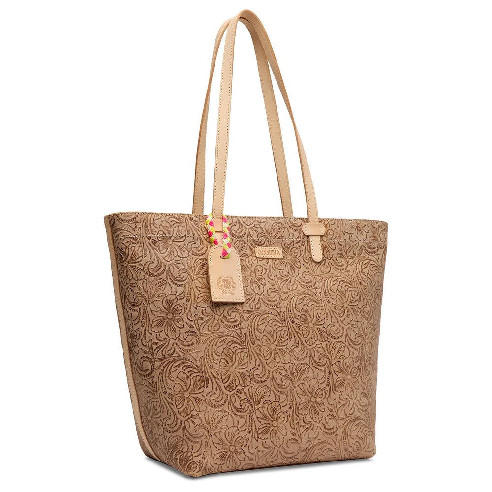 Angled view of the Consuela Lawton Daily Tote showcasing the secure zipper closure and spacious interior.