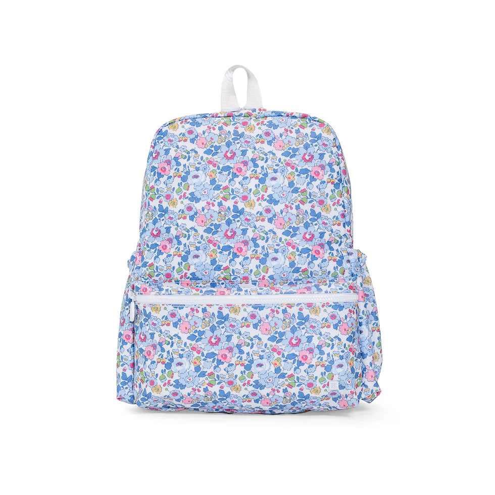 TRVL Design Backpacker kids school backpack featuring a classic blue and white Bridgehampton Floral print layout.