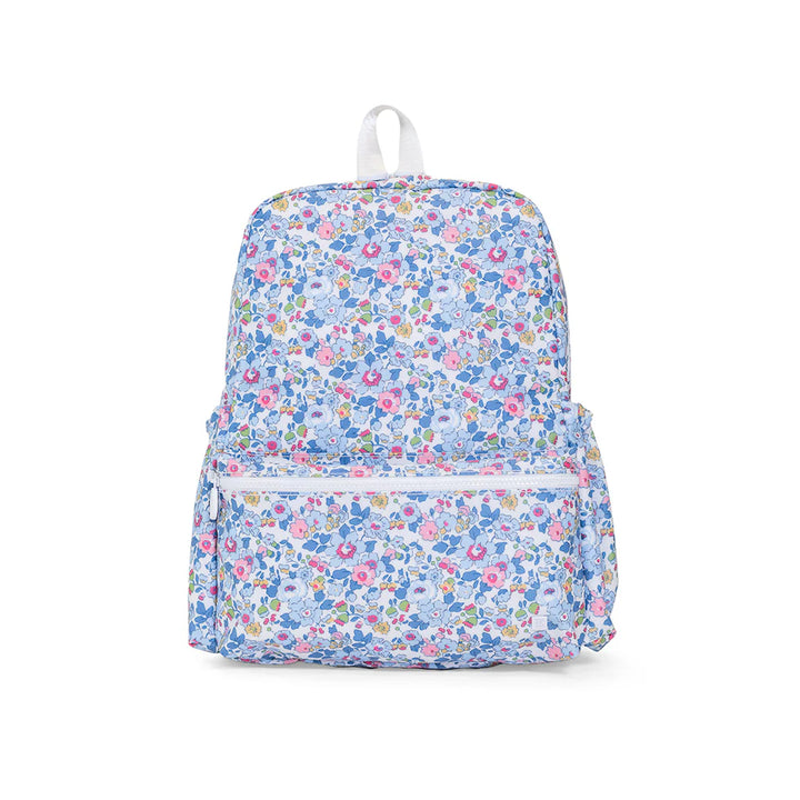 TRVL Design Backpacker kids school backpack featuring a classic blue and white Bridgehampton Floral print layout.