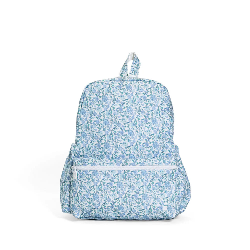 TRVL Design Backpacker backpack in blue and white Hamptons Floral pattern; water-resistant and wipeable kids' school bag.