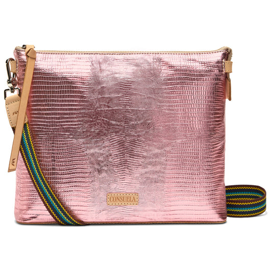Consuela Elodie Downtown Crossbody in mauve snake print with natural leather trim and an adjustable woven strap.