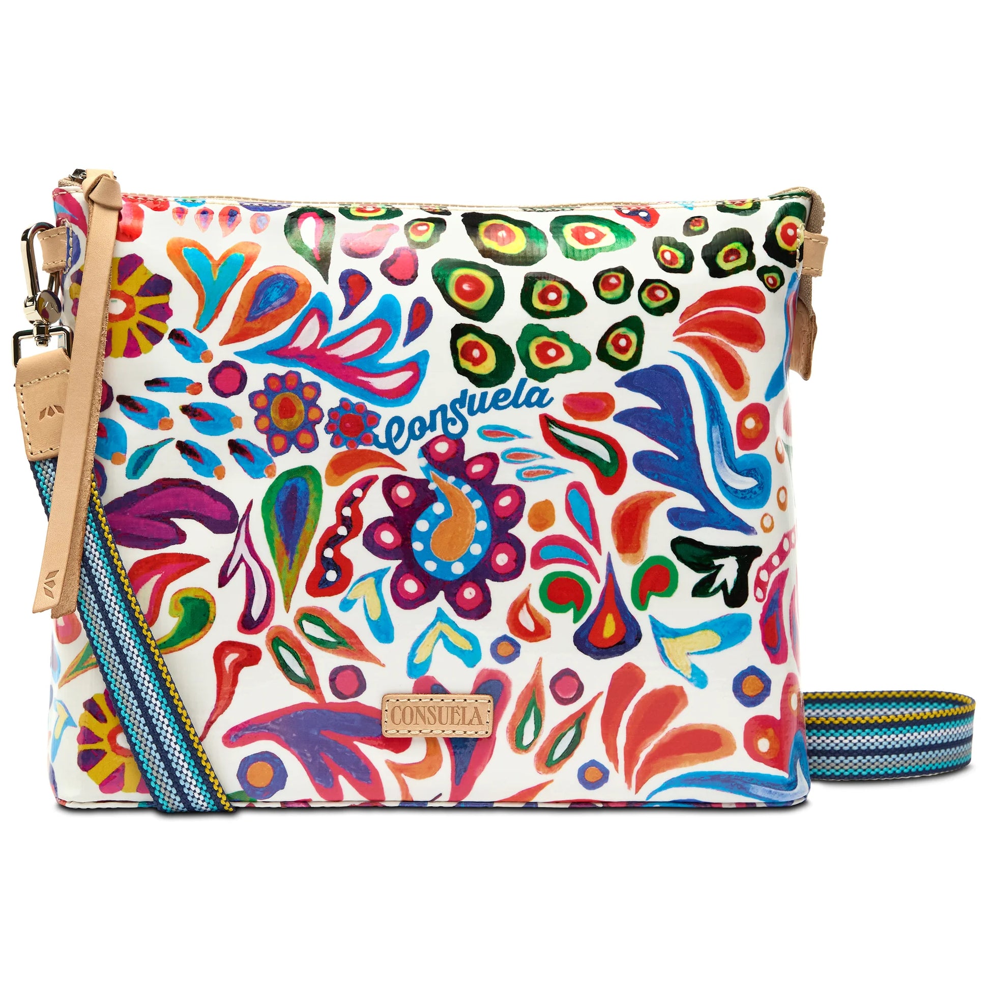 Consuela Bianca Downtown Crossbody bag with vibrant floral pattern; adjustable strap and durable ConsuelaCloth™ material.