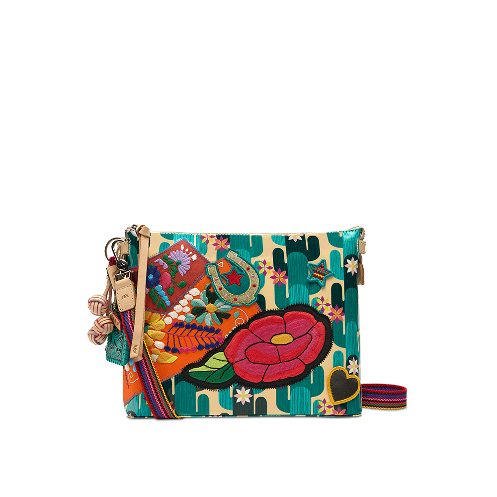 Consuela Dezi Downtown Crossbody in Spike ConsuelaCloth with embroidered patches and natural leather trim