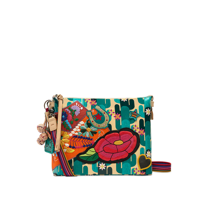 Consuela Dezi Downtown Crossbody in Spike ConsuelaCloth with embroidered patches and natural leather trim