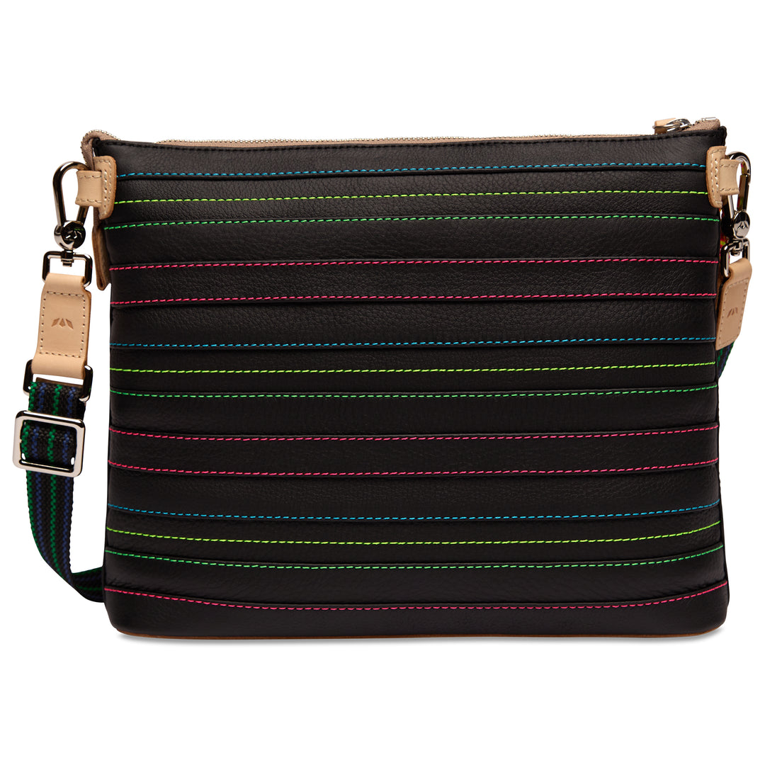 Back view of the Consuela Ray Downtown Crossbody showing the black leather, colorful stitching, and adjustable woven strap with silver hardware.