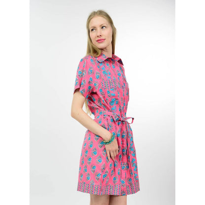 Model wearing the Sister Mary Dominga Pink and Teal embroidered mini dress from the Spring 2026 collection.