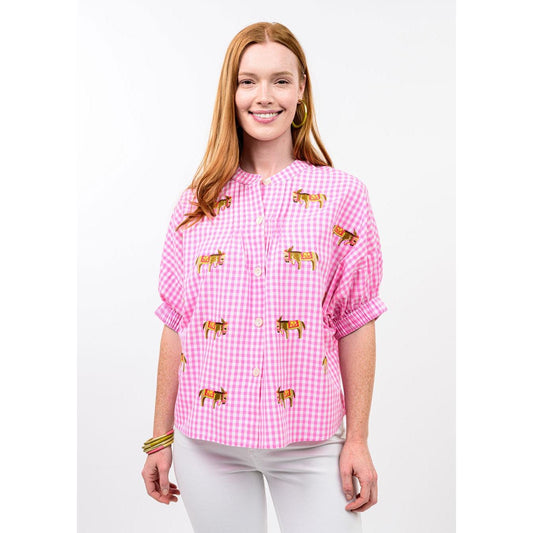 Sister Mary Donkey Top in pink gingham with a whimsical donkey and floral print.