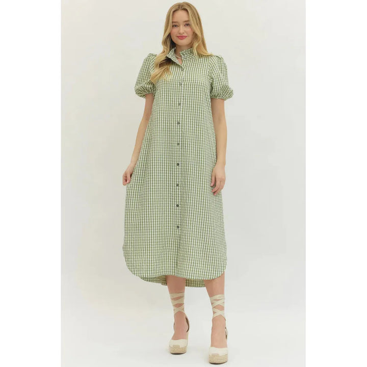 The Maren Seersucker Check Maxi Dress – Matcha