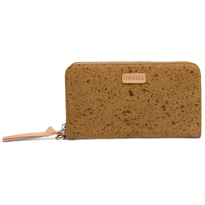 Consuela Cider Essential Wallet in golden-toned metallic suede with a secure zipper and natural leather trim.