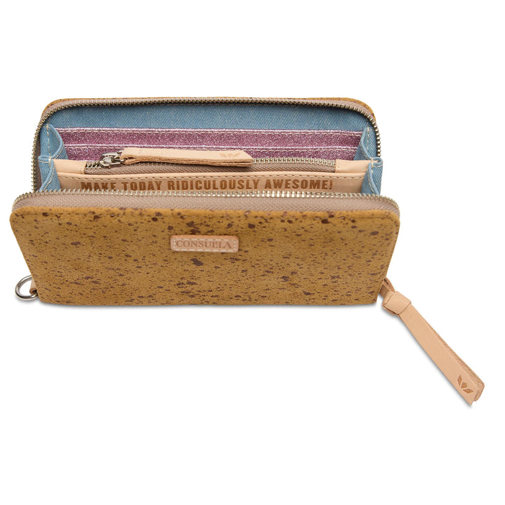 Interior view of the Cider Essential Wallet showing twelve card slots and a center zippered coin pocket.