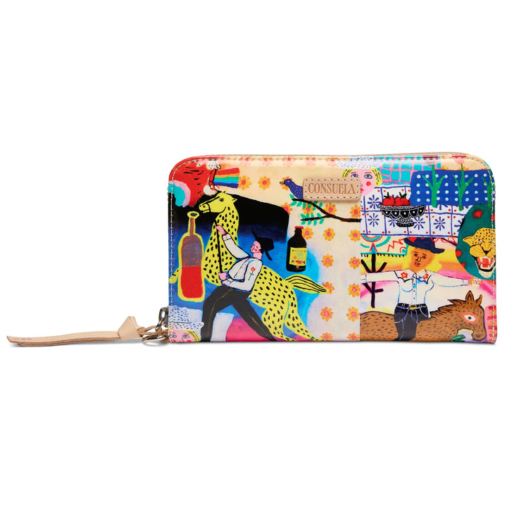 Consuela Colin Essential Wallet featuring a vibrant artist print with figures, animals, and abstract patterns on a white background.