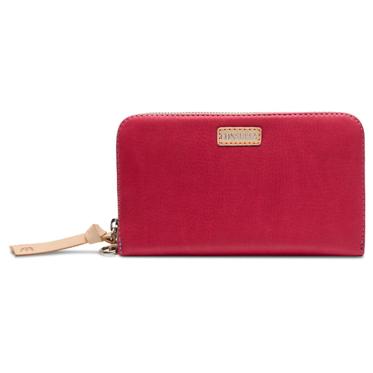 Consuela Maren Essential Wallet in hot pink leather with a secure silver zipper closure and natural leather trim.