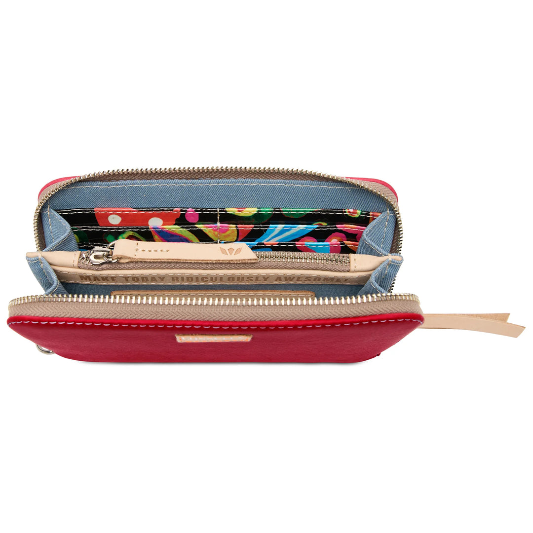 Inside of the Maren Essential Wallet showing 12 card slots, dual slide pockets, and a center zippered coin compartment.