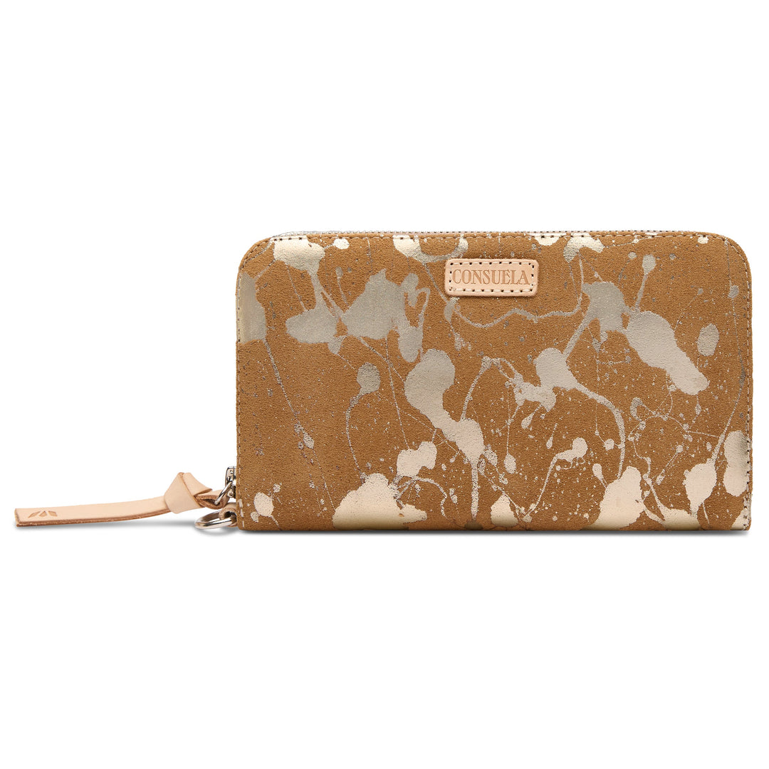 Consuela Beau Essential Wallet featuring a metallic hand-splattered leather suede exterior.