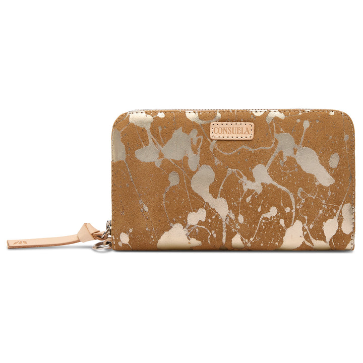 Consuela Beau Essential Wallet featuring a metallic hand-splattered leather suede exterior.