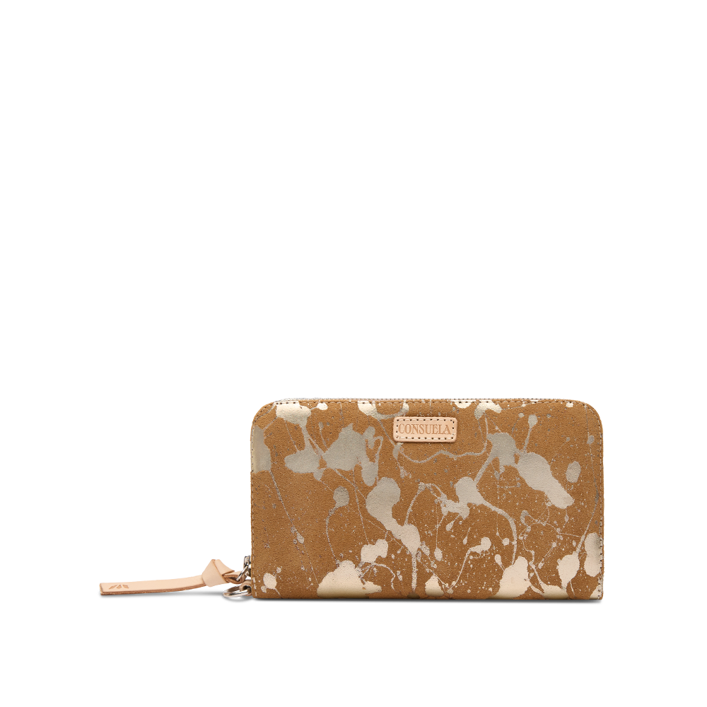 Consuela Beau Essential Wallet featuring a metallic hand-splattered leather suede exterior.