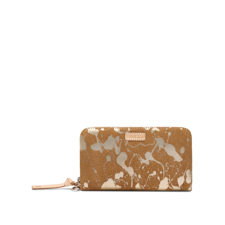 Consuela Beau Essential Wallet featuring a metallic hand-splattered leather suede exterior.