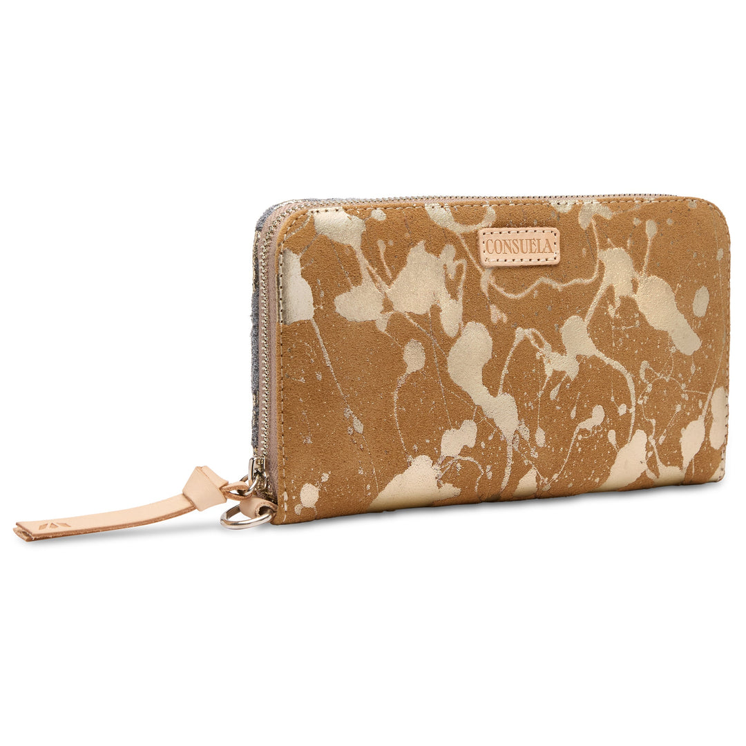 Consuela Beau Essential Wallet featuring a metallic hand-splattered leather suede exterior.