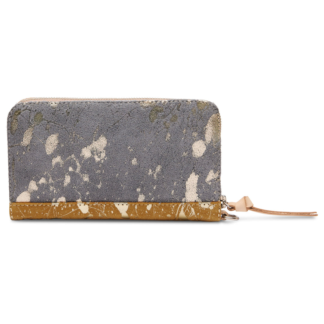 Consuela Beau Essential Wallet featuring a metallic hand-splattered leather suede exterior.