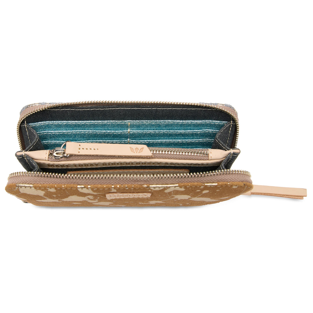 Consuela Beau Essential Wallet featuring a metallic hand-splattered leather suede exterior.