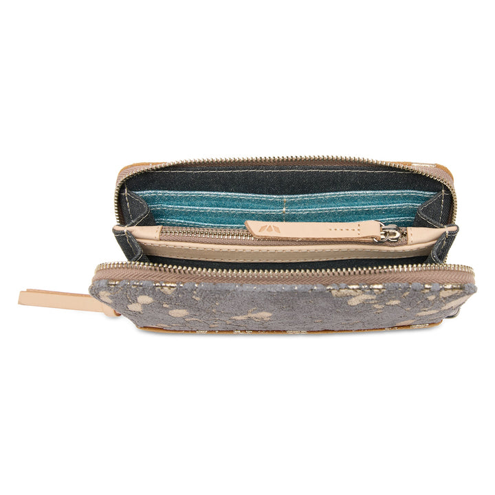 Consuela Beau Essential Wallet featuring a metallic hand-splattered leather suede exterior.