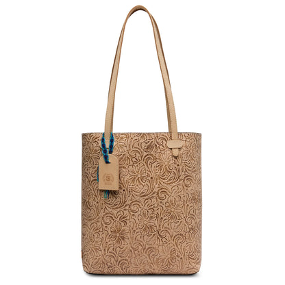 Consuela Lawton Everyday Tote in dark brown tooled leather with natural leather shoulder straps.