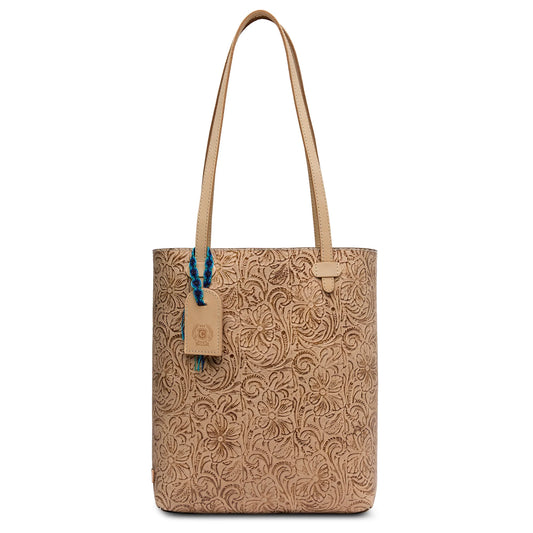 Consuela Lawton Everyday Tote in dark brown tooled leather with natural leather shoulder straps.
