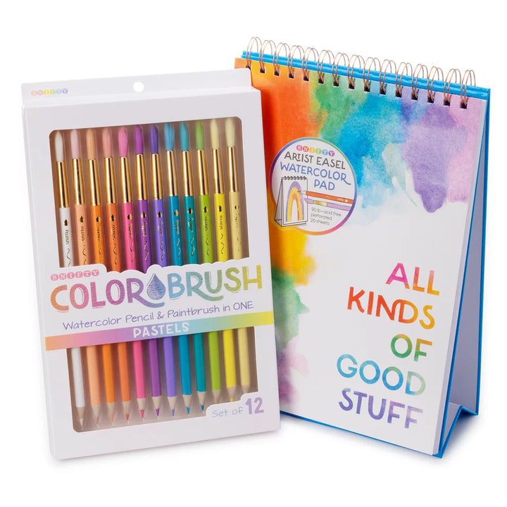 Snifty Pastel Colorbrush kit featuring 12 double-ended pastel watercolor pencils in a clear case.