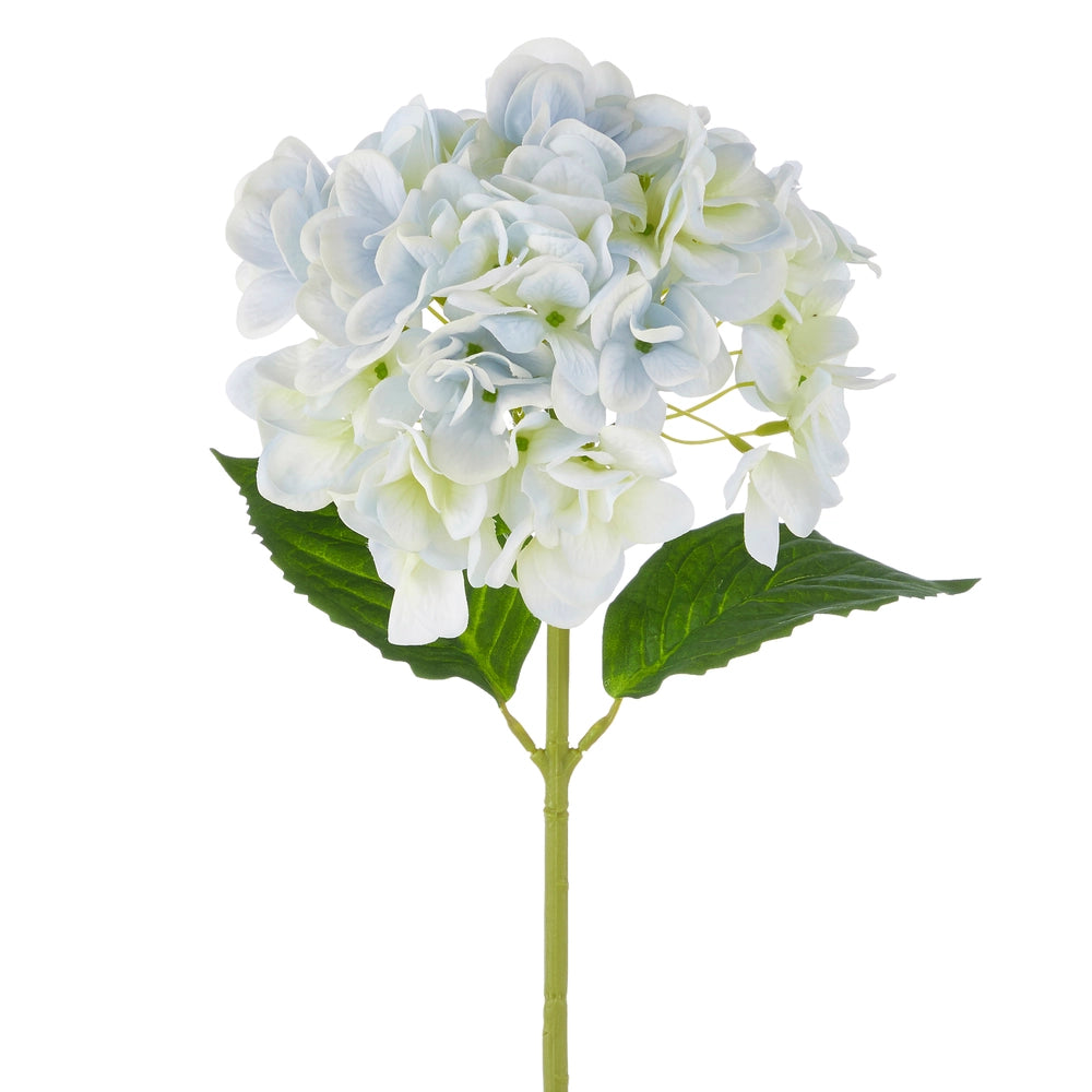 Artificial hydrangea flower arrangement with green leaves on a white background