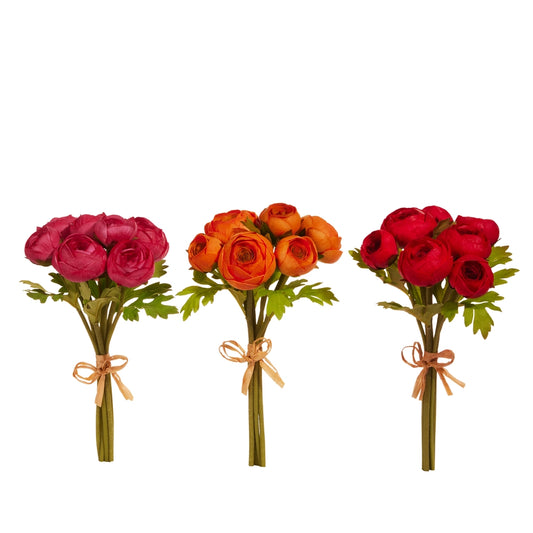 Three bouquets of red, orange, and pink flowers with ribbons on a white background