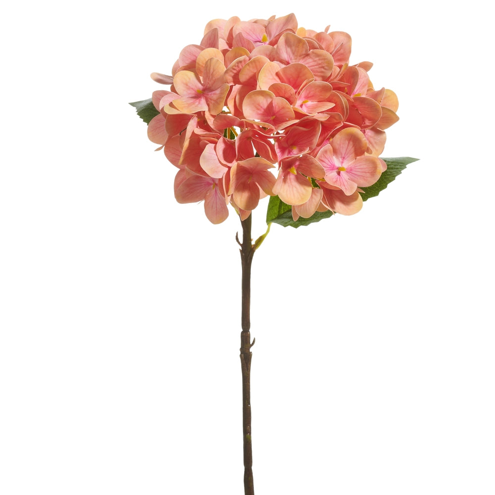 Artificial pink hydrangea flower stem on a white background