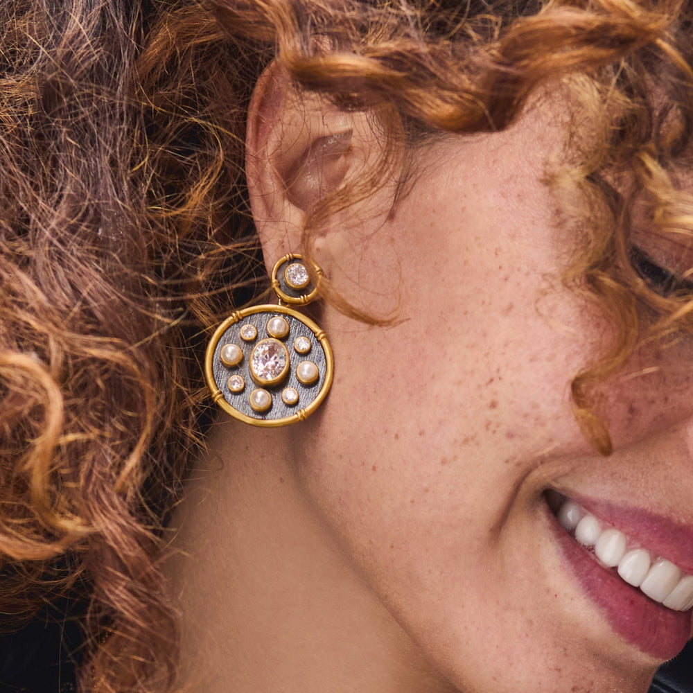 Model wearing the 24K gold-plated Julie Vos Tribeca Statement Earrings.
