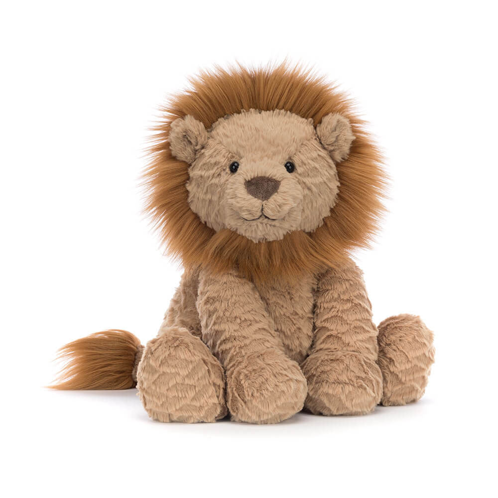 Jellycat Fuddlewuddle Lion Medium; soft fudge-colored plush lion with a textured mane in a sitting position.