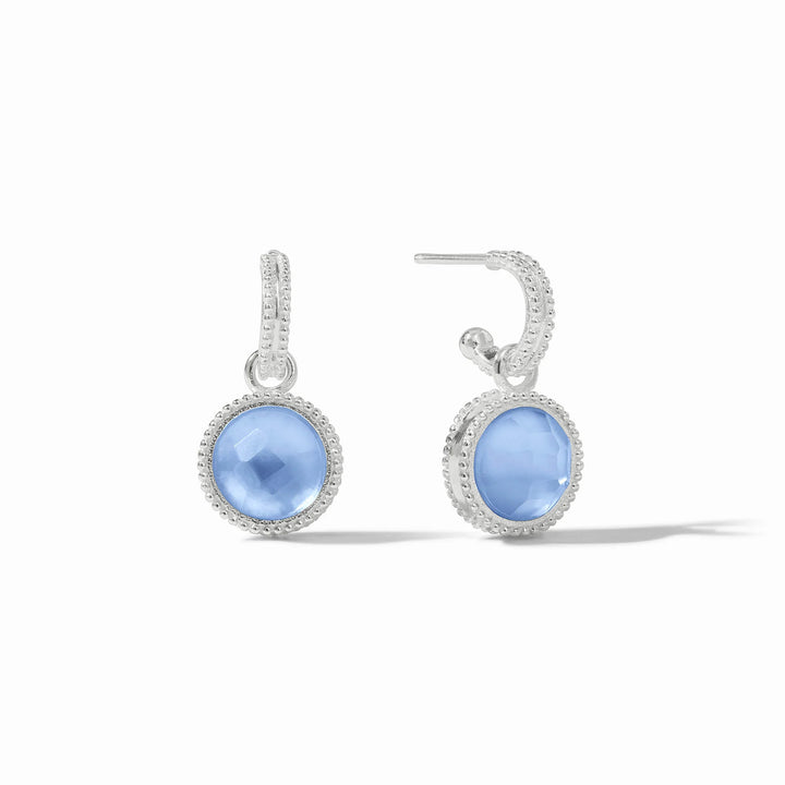 Close-up of the Iridescent Chalcedony Blue and Cubic Zirconia gemstone charms on the silver hoops.