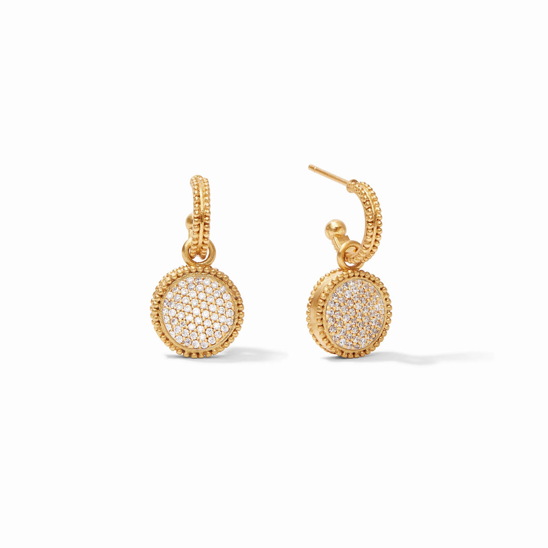 A pair of gold hoop earrings with pave cubic zirconia charms, displayed against a white background.