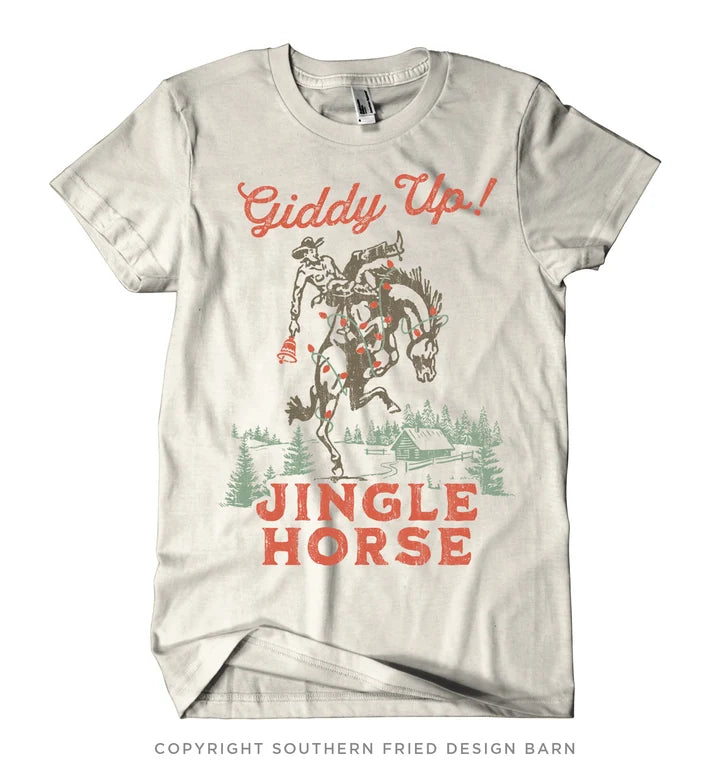 Light-colored Southern Fried Design Barn Giddy Up Jingle Horse holiday graphic t-shirt.