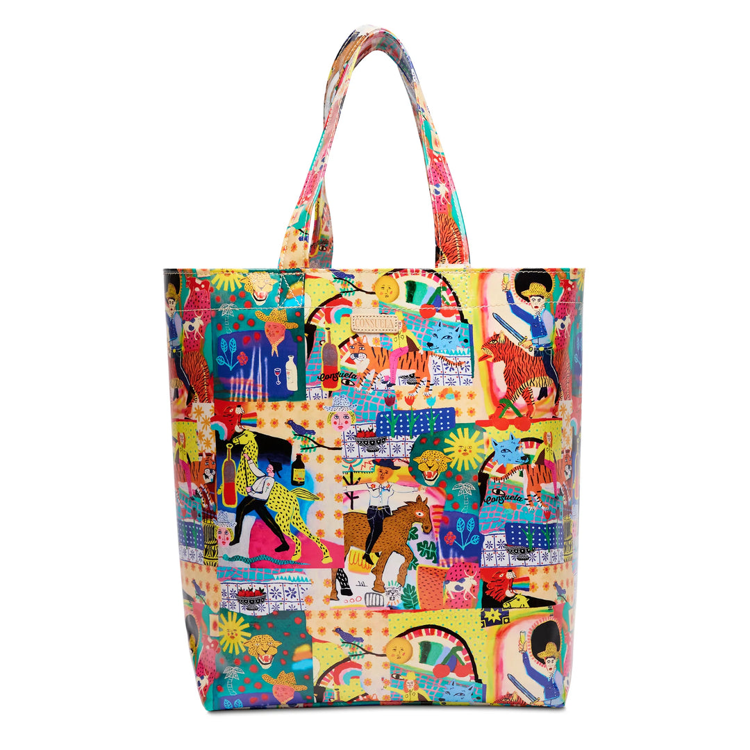 Consuela Colin Basic Bag front view showing colorful artist print stripes and natural leather logo.