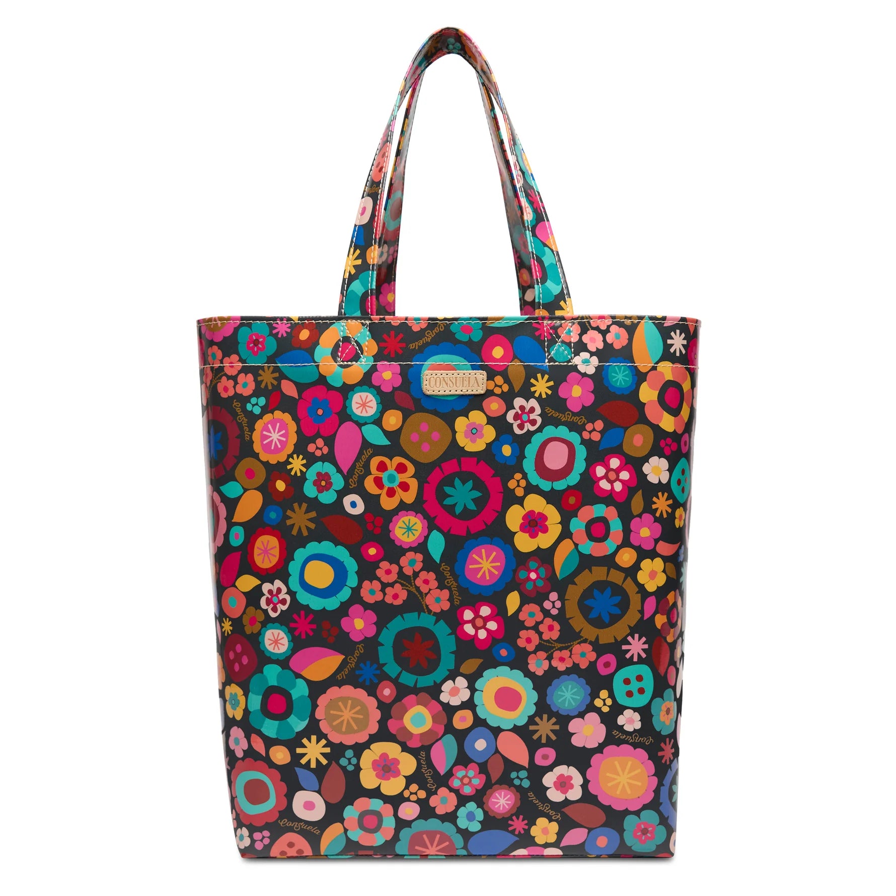 Consuela Amelie Grab 'n' Go Basic Bag in multi-colored floral ConsuelaCloth with natural leather handles.