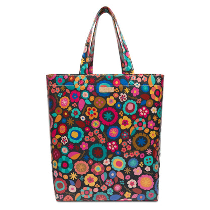 Consuela Amelie Grab 'n' Go Basic Bag in multi-colored floral ConsuelaCloth with natural leather handles.