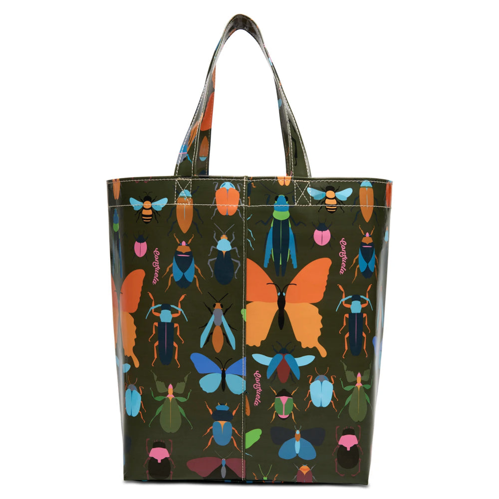 Back of the Consuela Romy Basic Bag showing an orange butterfly and beetle print on green ConsuelaCloth