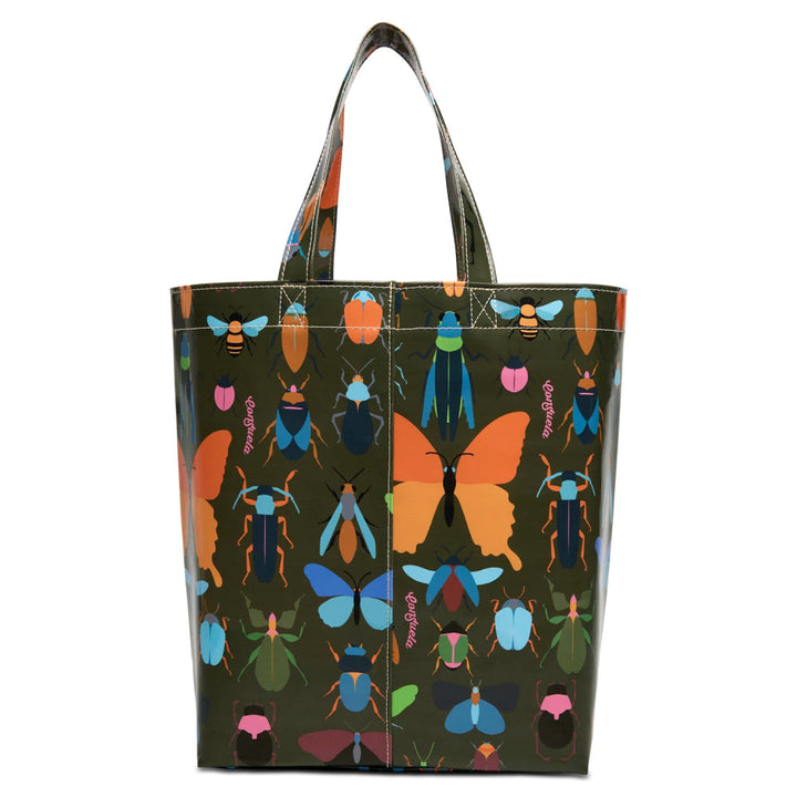 Back of the Consuela Romy Basic Bag showing an orange butterfly and beetle print on green ConsuelaCloth