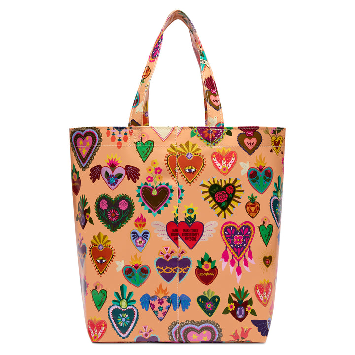 Front view of the Consuela Peach Grab n Go Basic tote, its peach body covered in vibrant corazon hearts, flames, and flowers.